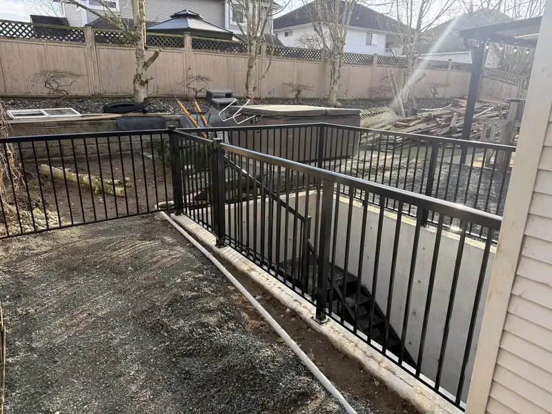 Picket guard around a basement stairwell in a backyard