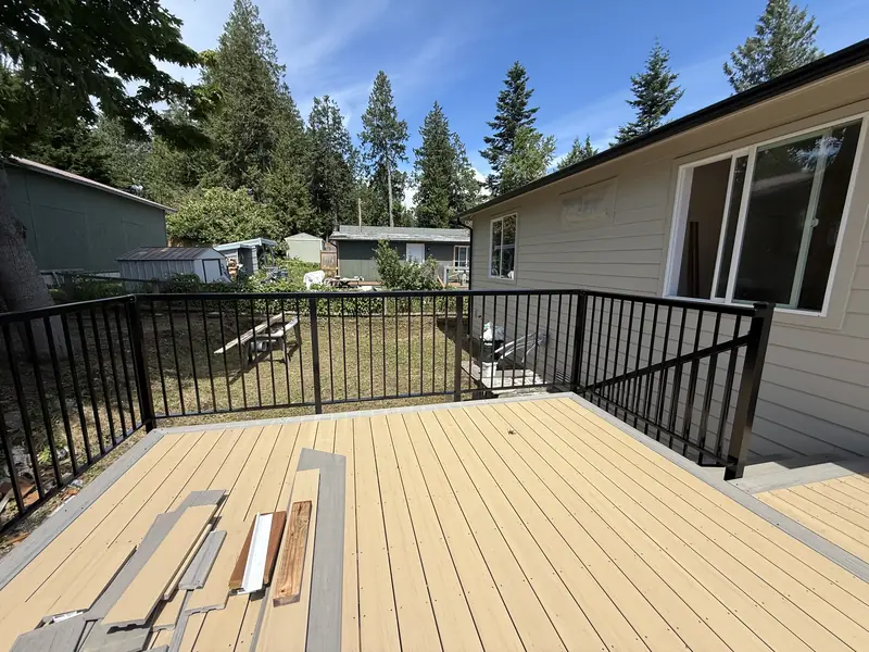 Composite deck with picket railing around the perimeter